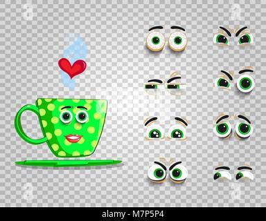 Carino gli Emoji set di tazza verde con occhi modificabile collezione. Doodle fumante tazza da caffè con il cartoon girl faccia e di creazione di carattere con differiscono Illustrazione Vettoriale