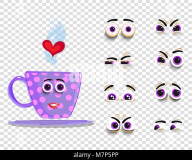 Carino gli Emoji set di tazza rosa con occhi modificabile collezione. Doodle fumante tazza da caffè con il cartoon girl faccia e di cuore per la creazione con carattere d Illustrazione Vettoriale