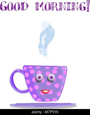 Cartoon carino lilla femmina sorridente cup con pois rosa, gli occhi e le labbra e il testo buongiorno isolati su sfondo bianco. Illustrazione Vettoriale, cli Illustrazione Vettoriale