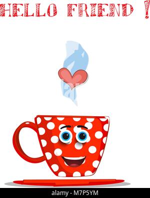 Cartoon carino sorridente coppa rosso carattere con white polka dots pattern, occhi blu, cuore in vapore e testo Ciao amico isolati su sfondo bianco. Ve Illustrazione Vettoriale