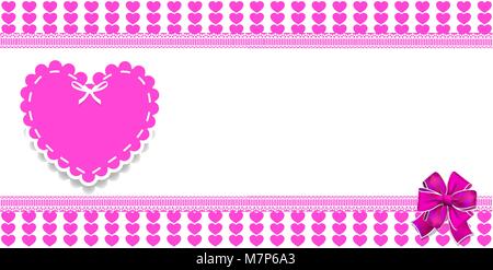 Modello di cute con cuori rosa pattern, spazio per testo e grande cuore di pizzo autoadesivo e di prua. Confine di vettore, telaio, banner, poster per san valentino festi Illustrazione Vettoriale