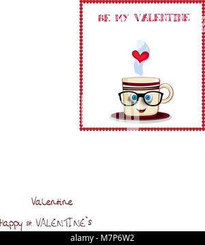 Essere il mio saluto di san valentino card con Cartoon carino tazza da caffè carattere con stampa a righe, funny face con gli occhi blu, bicchieri e di cuore in vapore a Pentecoste Illustrazione Vettoriale