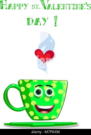 Felice san valentino biglietto di auguri con Cartoon carino maschio carattere cup. Il caffè verde mug con giallo pois, volto sorridente, gli occhi e il cuore in Illustrazione Vettoriale