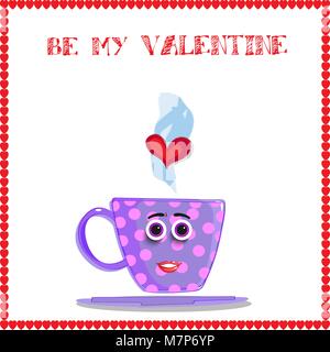 Essere il mio saluto di san valentino card con Cartoon carino lilla cup con ragazze faccia, pois rosa e cuore in vapore incorniciato con cuori rossi confine. Il vettore Illustrazione Vettoriale