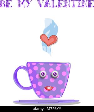 La mia scheda di San Valentino con graziosi fumante tazza di lilla con pois rosa pattern, smilling faccia e cuore. Illustrazione Vettoriale, clip art, biglietto di auguri, Illustrazione Vettoriale