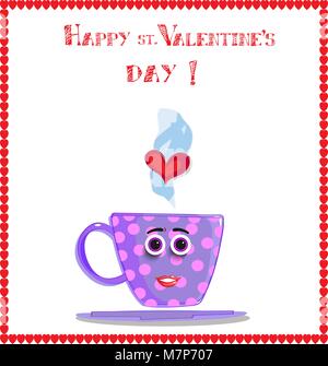 Felice san valentino biglietto di auguri con Cartoon carino ragazza cup carattere nel telaio. Lilac tazza da caffè con pois rosa, volto sorridente, occhi e h Illustrazione Vettoriale