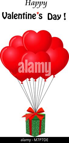 Buon San Valentino cartoon biglietto di auguri con dono avvolto con nastro rosso battenti a forma di cuore rosso a grappolo di palloni di elio. Carino saluto auto Illustrazione Vettoriale