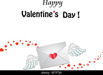 Buon San Valentino biglietto di auguri. Cuore chiuso busta stampata con il bianco angel wings e cuori traccia d'onda su sfondo bianco. Illustrazione Vettoriale