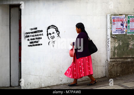 Graffiti con suppone un preventivo da Papa Francesco sostenere la Bolivia il richiesta contro il Cile per accesso al sovrano per la costa del Pacifico, La Paz, Bolivia Foto Stock