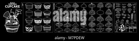 Set di tazze isolato, la glassa e condimenti per costruire la vostra propria tortina. Carino disegnato a mano solo stile profilo bianco su sfondo nero. Illustrazione Vettoriale
