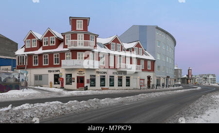 Reykjavik ristorante di pesce a Geirsgata in inverno vicino al Vecchio Porto di Reykjavik, Islanda Foto Stock