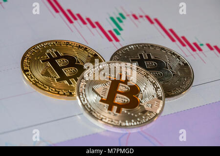 Cryptocurrency monete oltre il trading grafico candele giapponesi; Bitcoin monete Foto Stock