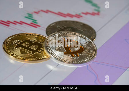 Cryptocurrency monete oltre il trading grafico candele giapponesi; Bitcoin monete Foto Stock