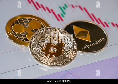 Cryptocurrency monete oltre il trading grafico candele giapponesi; Bitcoin, Ethereum e ripple monete Foto Stock