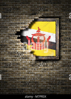 3D rendering di una bandiera Brunei oltre un arrugginito piatto metallico incorporato su un vecchio muro di mattoni Foto Stock