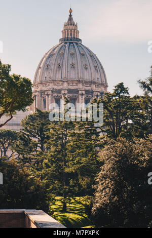 La cupola della Basilica di San Pietro in Vaticano a Roma come si vede dal Vaticano i giardini Foto Stock