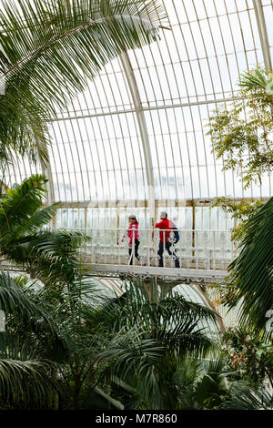 London, Regno Unito - 18 aprile 2014. I visitatori a piedi intorno all'interno di Palm House di Kew Gardens. I giardini sono state fondate nel 1840. Foto Stock