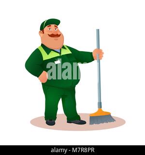 Cartoon sorridente bidello di mop. Grasso divertente personaggio in tuta verde con la scopa. Felice pulitore piatto in uniforme dal servizio di pulizia o la pulizia dell'ufficio. Colorata illustrazione vettoriale. Illustrazione Vettoriale