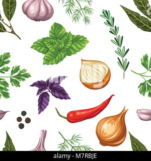 Modello senza cuciture con varie erbe e spezie Illustrazione Vettoriale