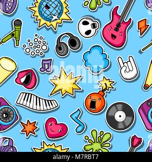 Festa di musica kawaii seamless pattern. Strumenti musicali, simboli e oggetti in stile cartoon Illustrazione Vettoriale