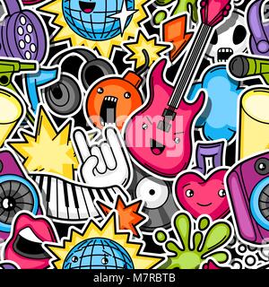 Festa di musica kawaii seamless pattern. Strumenti musicali, simboli e oggetti in stile cartoon Illustrazione Vettoriale