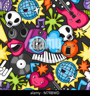 Festa di musica kawaii seamless pattern. Strumenti musicali, simboli e oggetti in stile cartoon Illustrazione Vettoriale