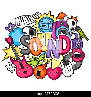 Festa di musica kawaii design. Strumenti musicali, simboli e oggetti in stile cartoon Illustrazione Vettoriale