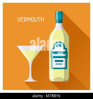 Bottiglia e bicchiere di vermut in flat uno stile di design Illustrazione Vettoriale