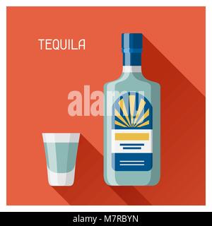 Bottiglia e bicchiere di tequila nel piatto di stile design Illustrazione Vettoriale