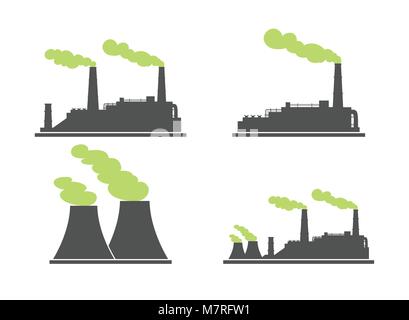 Set di industria fabbrica costruzione di icone. Impianti e fabbrica, potenza e fumo, di olio e di energia. Illustrazione Vettoriale di eco fabbrica con fumo di verde. Illustrazione Vettoriale