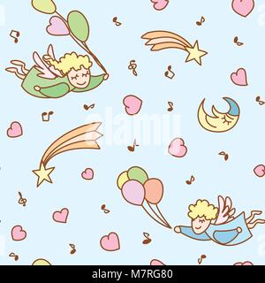 Seamless modello realizzato da cartoon angeli con palloncini, cuori e note Illustrazione Vettoriale