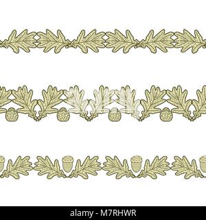 Set di seamless bordi decorativi da foglie di quercia e ghiande Illustrazione Vettoriale