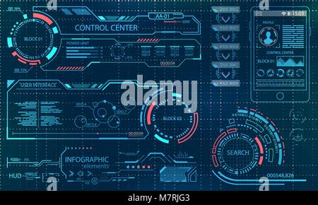 Il futuristico interfaccia utente. Grafica virtuale Touch UI per VR. Infografico HUD elementi per Motion Design Illustrazione Vettoriale