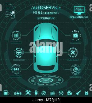 La scansione di auto, analisi e diagnosi veicolo, gli elementi HUD, servizio Infographics con icone Illustrazione Vettoriale