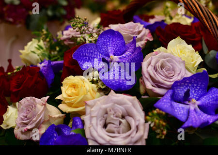 Bouquet di fiori in cesto in vimini Foto Stock