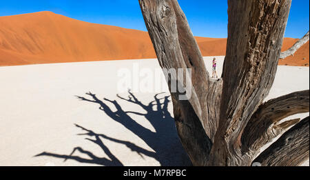 La donna si erge nel deserto tra rami di albero morto. Foto Stock