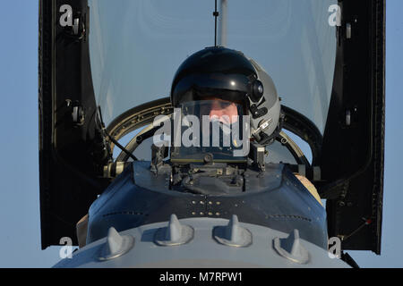Stati Uniti Air Force Major Raymond Fowler, un pilota con il centesimo Expeditionary Fighter Squadron "Red Tails", si prepara per una sortita a Bagram Airfield, in Afghanistan il 7 agosto 2014. 100 Lancio EFS circa-il-orologio a sostegno dell'Operazione Enduring Freedom. L'unità è distribuito dal 187th Fighter Wing in Montgomery, Ala. Fowler è dispiegato dall'Alabama Guardia Nazionale e un nativo di Atlanta, Ga. (U.S. Air Force photo by Staff Sgt. Evelyn Chavez/RILASCIATO) 455th aria ala Expeditionary Bagram Airfield, Afghanistan Foto Stock