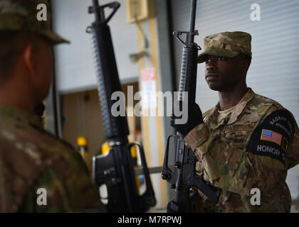 Stati Uniti Air Force Senior Airman Adrian Whitehurst, 455th Expeditionary disponibilità logistica Squadron, che ripete il suo praticare movimenti per un cambiamento di cerimonia di comando 9 Maggio 2014 a Bagram Airfield, Afghanistan. Whitehurst è parte di Bagram's Guardia d'onore. Come un onore guardsman, egli deve dimostrare dedizione, impegno e precisione, nonché sapienti esecuzione del cerimoniale di Trapani. Whitehurst è distribuito da Travis Air Force Base in California e un nativo di Chesapeake, Virginia (USA Air Force dal personale Sgt. Evelyn Chavez/RILASCIATO) 455th aria ala Expeditionary Bagram Airfield, Afghanistan Foto Stock