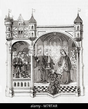 Talbot, con il suo cane, presentando la Talbot Shrewsbury Prenota a Margherita di Angiò e di Enrico VI, 1445. John Talbot, 1° Conte di Shrewsbury e 1° Conte di Waterford, c.1384/1387 - 1453, aka vecchio Talbot. Inglese comandante militare durante i cento anni di guerra. Enrico VI, 1421 - 1471. Re d'Inghilterra. Margherita di Anjou, 1430 - 1482. Regina dell'Inghilterra come la moglie del re Henry VI. Da Vecchia Inghilterra: un museo pittorico, pubblicato nel 1847. Foto Stock