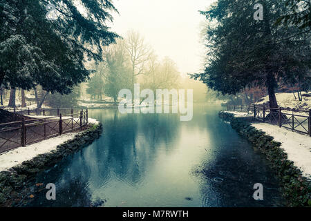 Il tardo inverno nevicata sul Parco di Monza, Italia Foto Stock