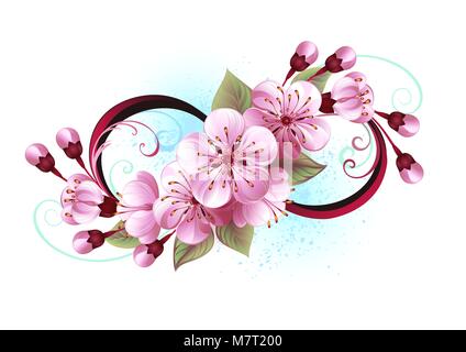 Simbolo di infinito con fiori e foglie di fioritura sakura blossoms su sfondo chiaro, verniciato con vernice blu. Il simbolo di infinito. Sakura bl Illustrazione Vettoriale