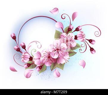 Banner rotondo con rigogliosi, rosa sakura blossom su sfondo bianco. Festa della Primavera. Sakura blossoms. Hanami Illustrazione Vettoriale