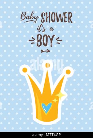 Vettore stile fumetto illustrazione del bambino, doccia invito. Baby boy celebrazione greeting card modello. Golden crown prince con cuore dentro su blu Illustrazione Vettoriale