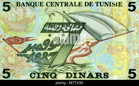 Tunisia cinque 5 dinaro nota banca Foto Stock