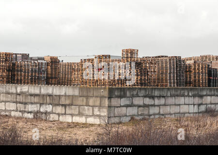 Un sacco di pallet di legno sovrapposti su un sito Foto Stock