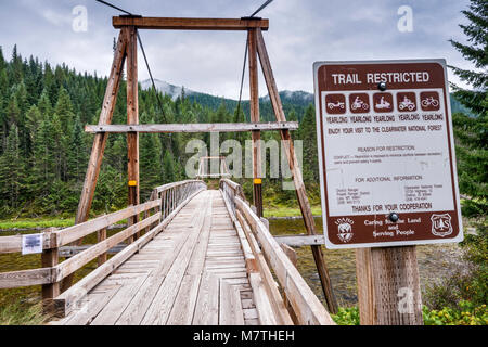 Ponte sospeso sul fiume Lochsa, per l'accesso a piedi e a cavallo, Northwest Passage Scenic Byway, Clearwater National Forest, Idaho, USA Foto Stock