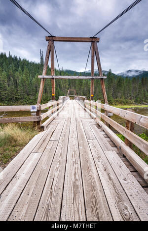 Ponte sospeso sul fiume Lochsa, per l'accesso a piedi e a cavallo, Northwest Passage Scenic Byway, Clearwater National Forest, Idaho, USA Foto Stock