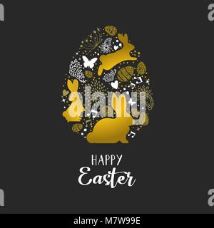 Felici vacanze di Pasqua biglietto di auguri con oro glitter icone a forma di uovo. Include graziosi conigli, elementi a molla e decorazioni di lusso. EPS10 vettore. Illustrazione Vettoriale