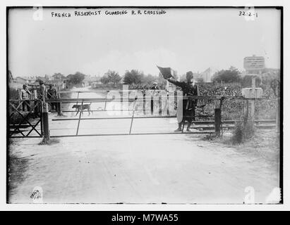 Una fotografia di un riservista francese in servizio, a guardia di un attraversamento ferroviario, probabilmente durante la prima guerra mondiale, evidenziando la presenza militare e la sicurezza delle infrastrutture. Foto Stock