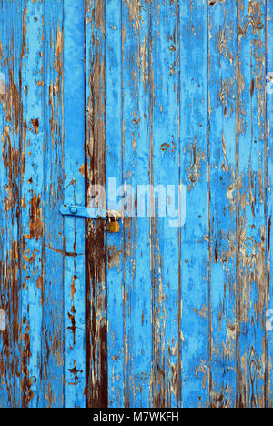 Weathered listoni in legno dipinto di blu con peeling e sfald vernice che mostra alcuni a grana di legno da un garage chiuso e sportello di capannone Foto Stock